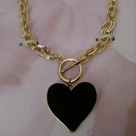 C&C California Gold Tone Link Puff Black Heart Necklace - Picture 1 of 8